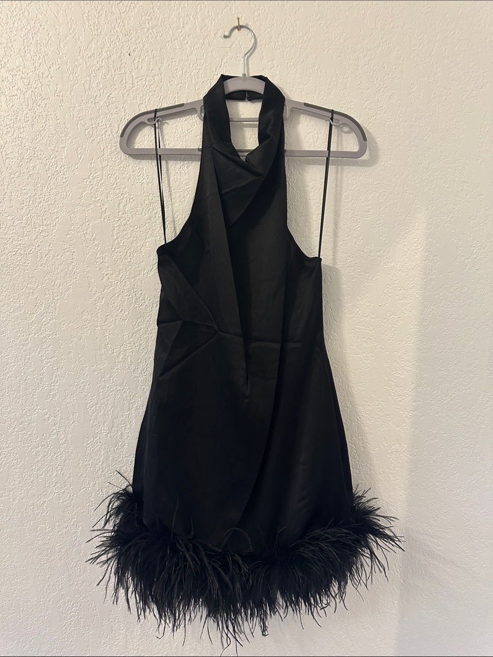 Amanda Uprichard Black Feather-Trim Halter Mini Dress